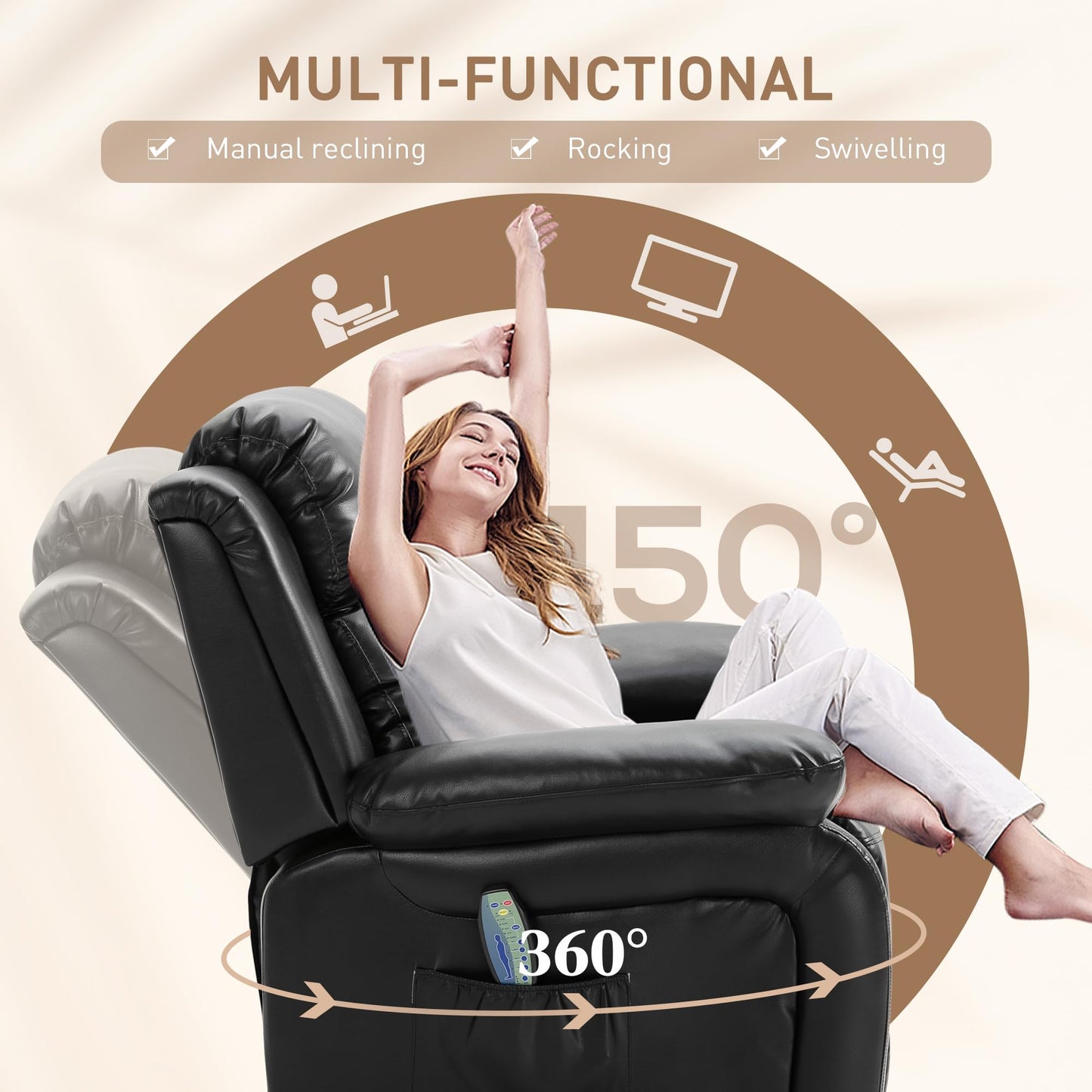 HomCom PU Leather Massage Recliner Chair, Swivel Rocker Sofa with Remote Control, Footrest, - B0BG7VCSHM
