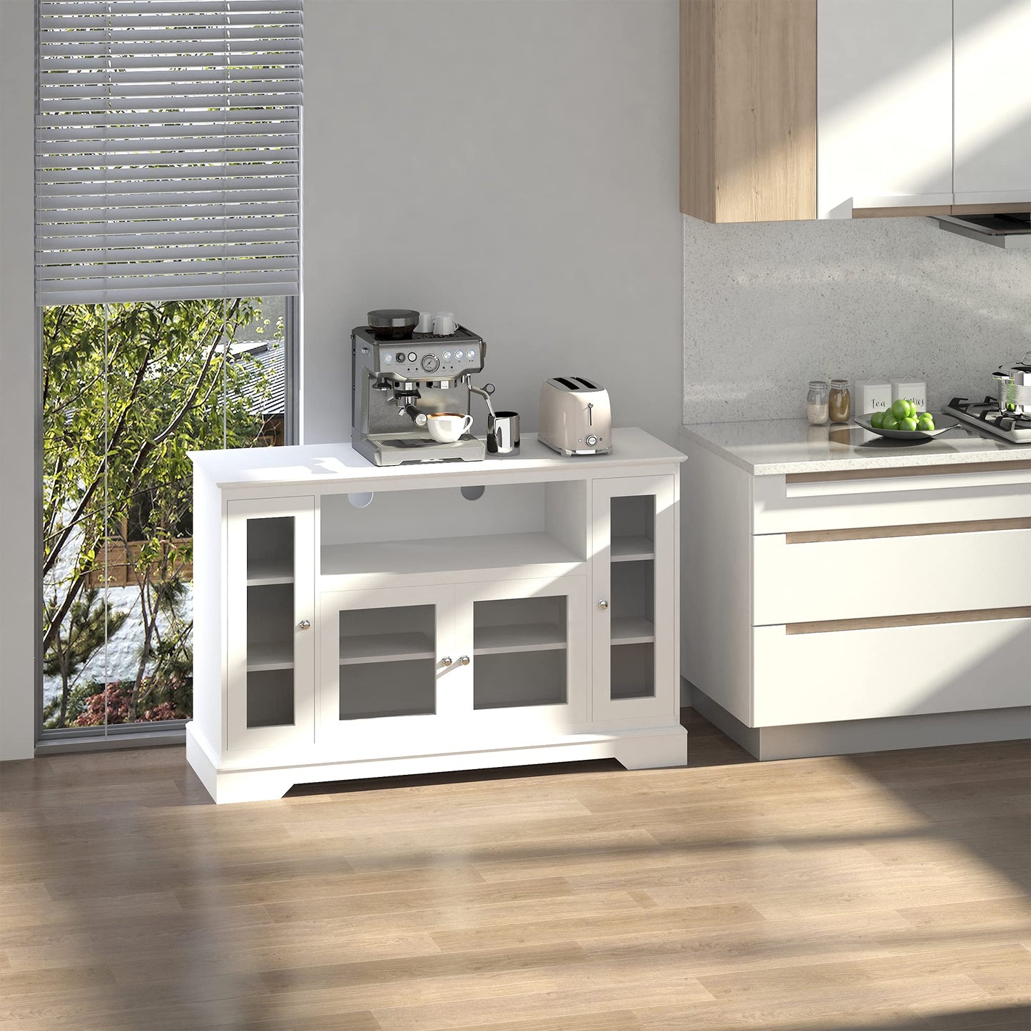 HomCom Sideboard Buffet Cabinet with Storage, Kitchen Cabinet Coffee Bar Cabinet with Glass Doors for Living Room, Kitchen, White - B08YN1ZYTJ