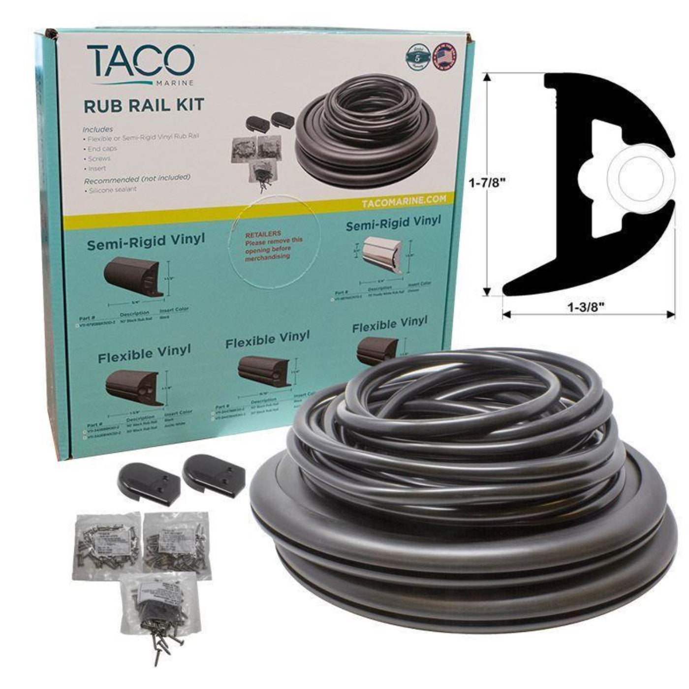 TACO Suproflex 60' Small Rub Rail Kit, Black w/ Chrome Insert - V11-9960BBK60-2