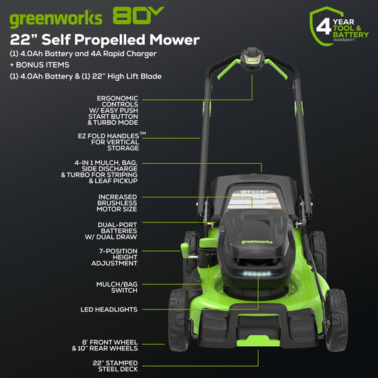 Greenworks 80V 22" Cordless Battery Dual Blade Self-Propelled Lawn Mower w/ (2) 4.0Ah Batteries & Rapid Charger - 2548102