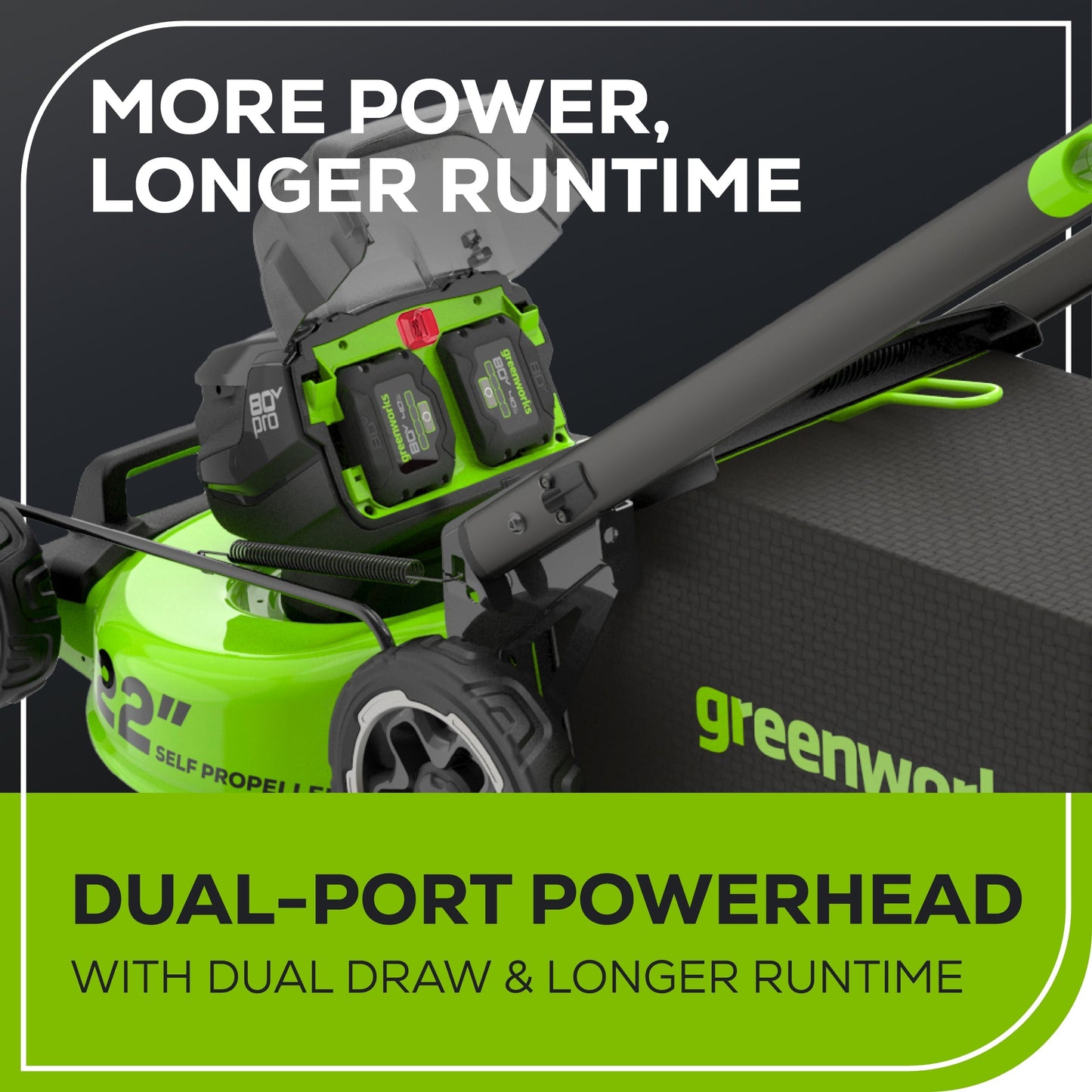 Greenworks 80V 22" Cordless Battery Dual Blade Self-Propelled Lawn Mower w/ (2) 4.0Ah Batteries & Rapid Charger - 2548102