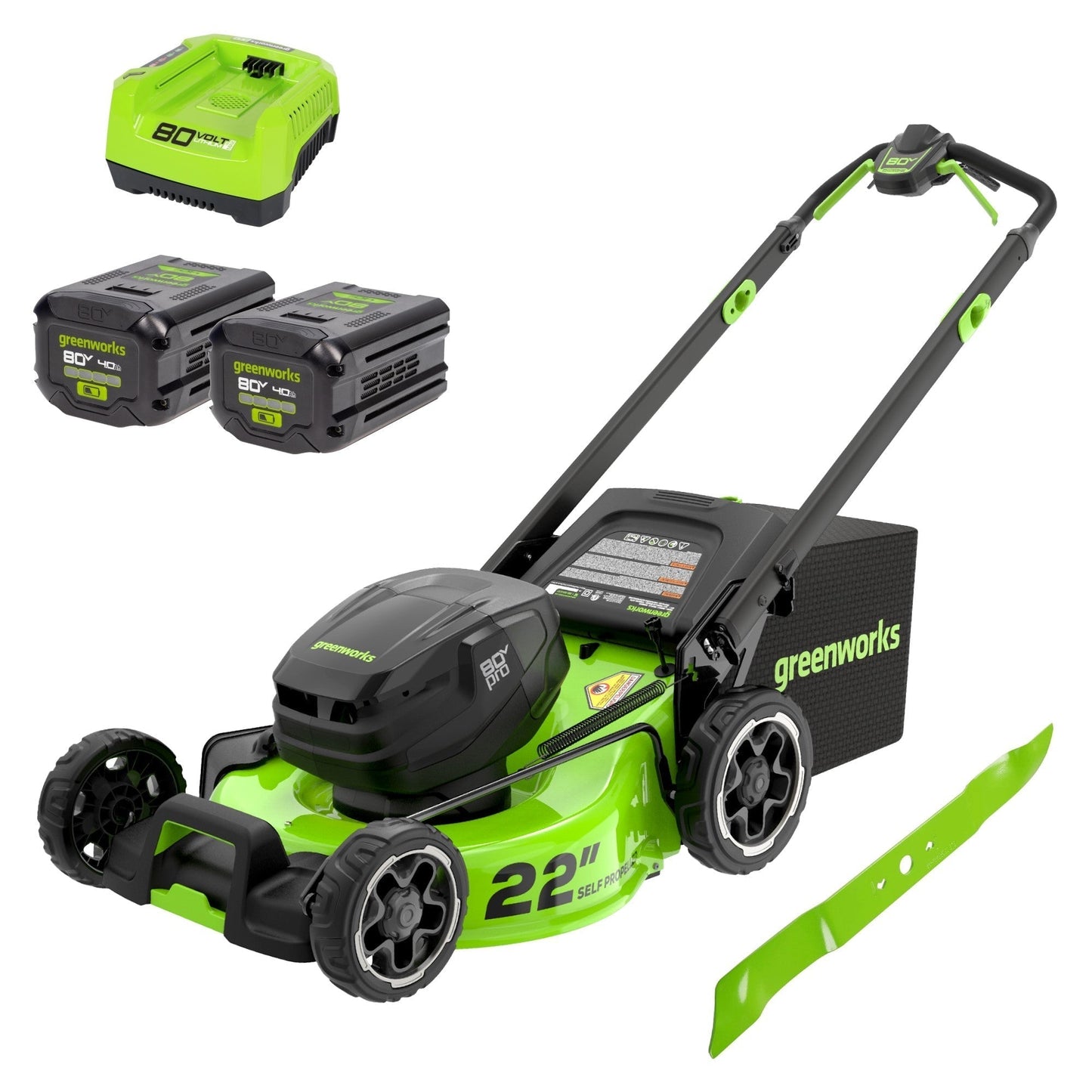 Greenworks 80V 22" Cordless Battery Dual Blade Self-Propelled Lawn Mower w/ (2) 4.0Ah Batteries & Rapid Charger - 2548102