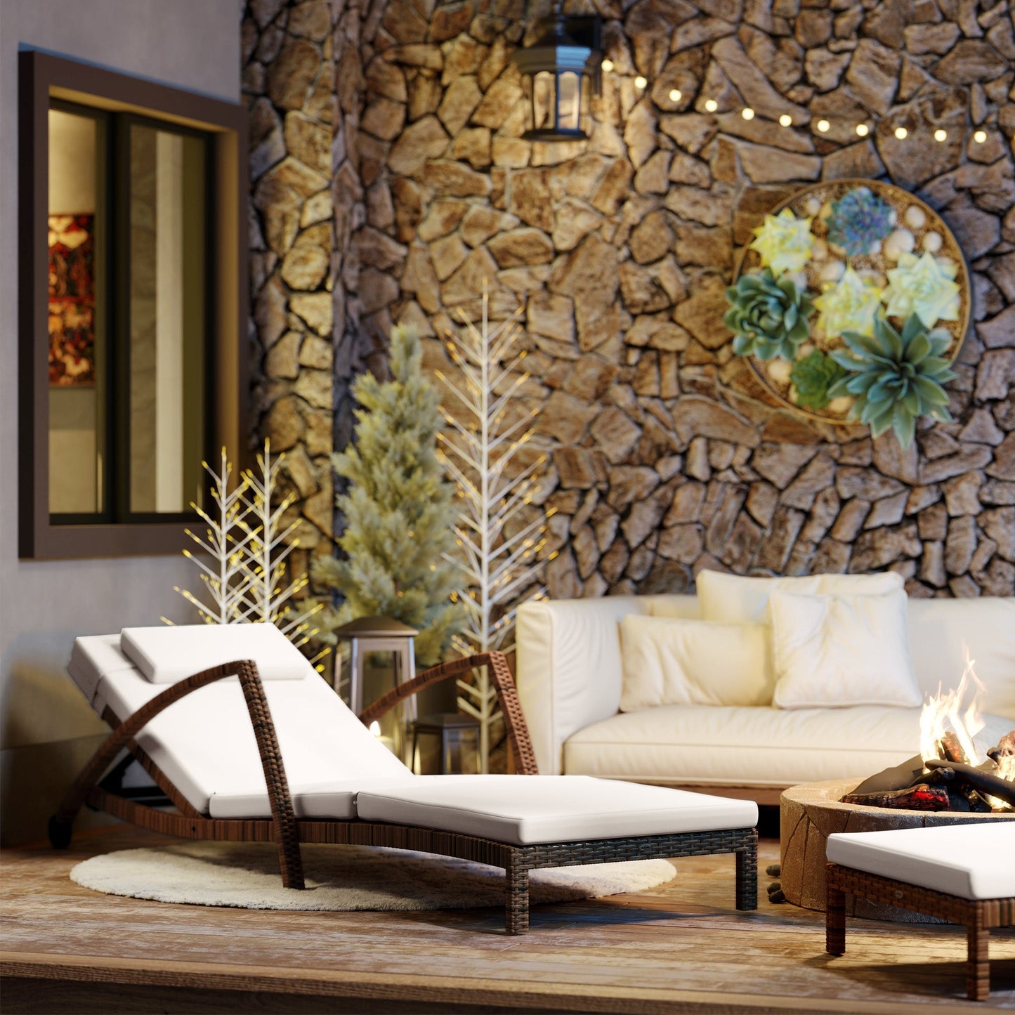 Outsunny Set of 2 Outdoor Chaise Lounge Chair with Wheels, 5-Position Adjustable Reclining, Beige - 862-078V01BG