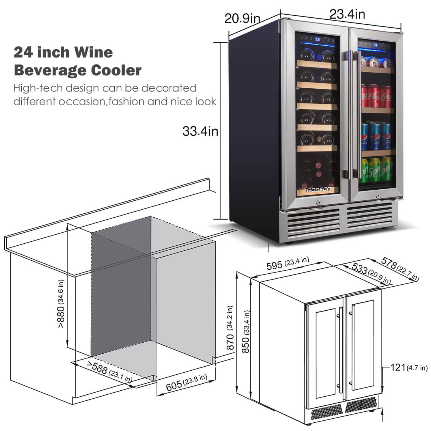 BODEGAcooler 24" Wine and Beverage Cooler Dual Zone 19 Bottles and 57 Cans - JC-115DR