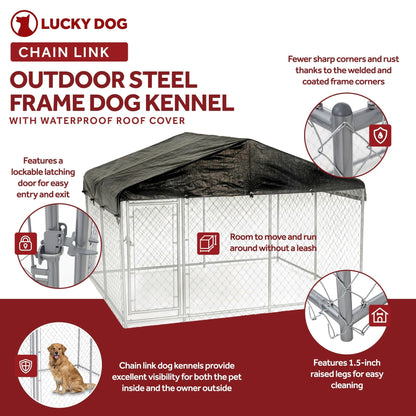 Lucky Dog 10 x 10 Ft Outdoor Steel Chain Link Dog Kennel & Waterproof Roof Cover - 126758