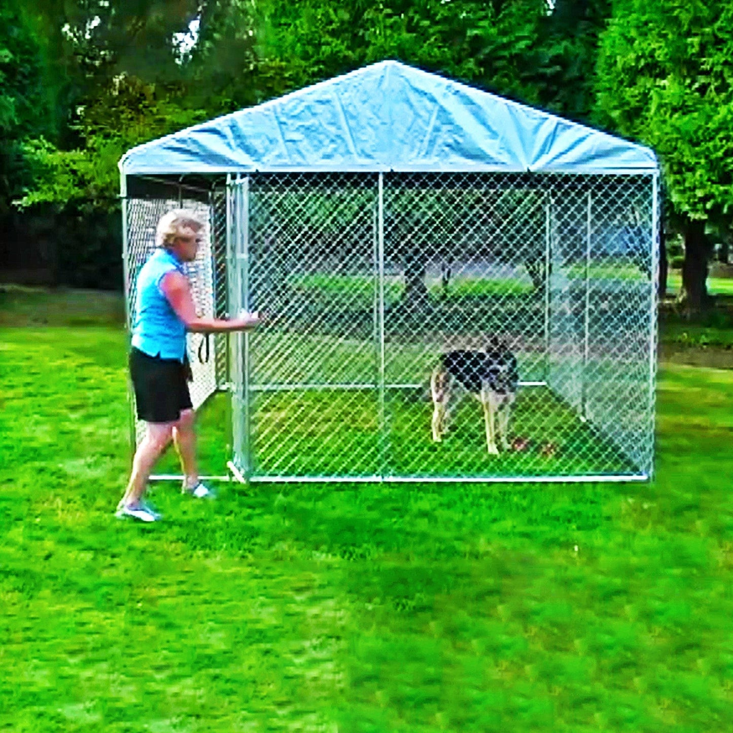 Lucky Dog 10 x 10 Ft Outdoor Steel Chain Link Dog Kennel & Waterproof Roof Cover - 126758