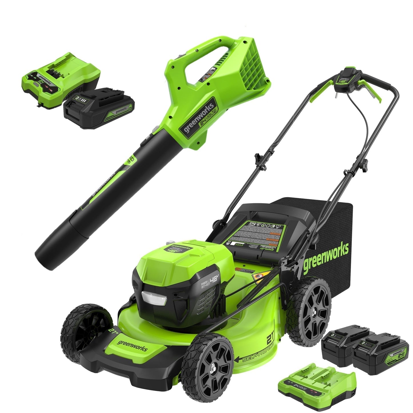 Greenworks 48V (2x24V) 21" Cordless Battery Self-Propelled Mower & Blower Combo Kit w/ (3) Batteries & Chargers -1341802-VK