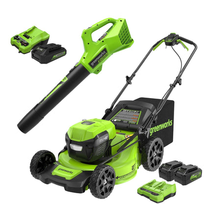 Greenworks 48V (2x24V) 21" Cordless Battery Self-Propelled Mower & Blower Combo Kit w/ (3) Batteries & Chargers -1341802-VK