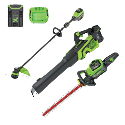 Greenworks 60V Cordless Battery 3PC Handheld Combo Kit w/ String Trimmer, Blower & Hedge Trimmer, (1) 2.5 Ah Battery and Charger - 1369102