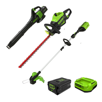 Greenworks 60V 3PC Cordless Battery Combo Kit w/ String Trimmer, Blower & Hedge Trimmer - 1372002-VK