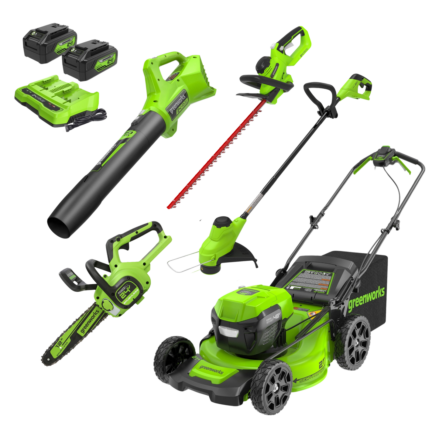 Greenworks 48V (2x24V) 21" Cordless Battery Self-Propelled Mower 5PC Combo Kit w/ (2) 5.0Ah Batteries & Chargers - 1376202-VK