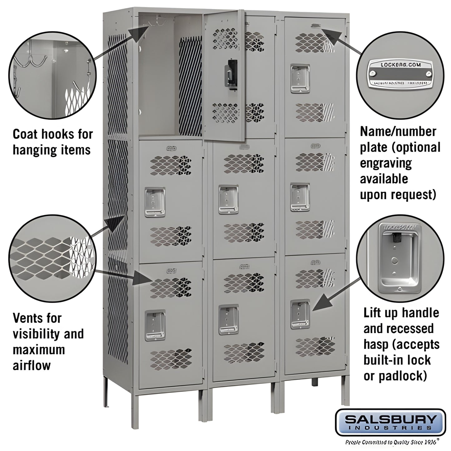 Salsbury 15" Wide Triple Tier Vented Metal Locker - 3 Wide -  83365GY-U