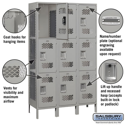 Salsbury 15" Wide Triple Tier Vented Metal Locker - 3 Wide -  83365GY-U