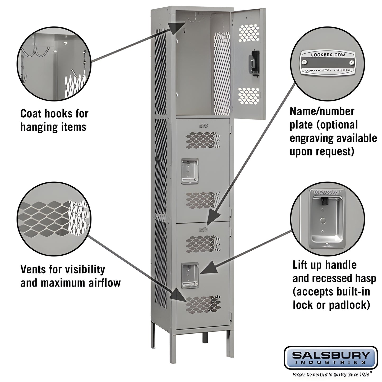 Salsbury 15" Wide Triple Tier Vented Metal Locker - 1 Wide - 83165GY-U