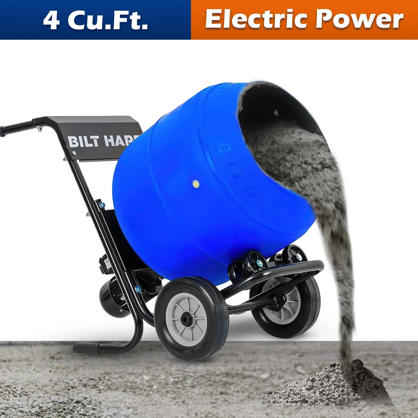 BILT HARD Electric Cement Mixer, 4 Cu.Ft. Poly Drum Concrete Mixer Heavy Duty, Portable Power Cement Mixing Tools for Stucco, Mortar, Fodder - TCA-0053
