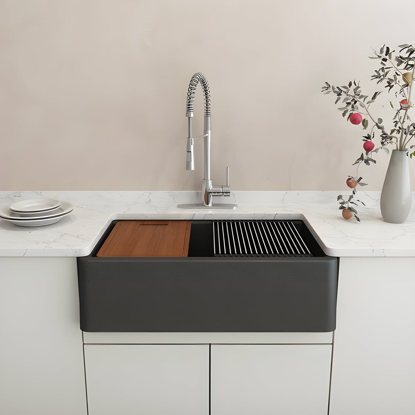 Bocchi 33" Metallic Black Apron-Front Workstation Granite Composite Kitchen Sink - 1600-505-0120