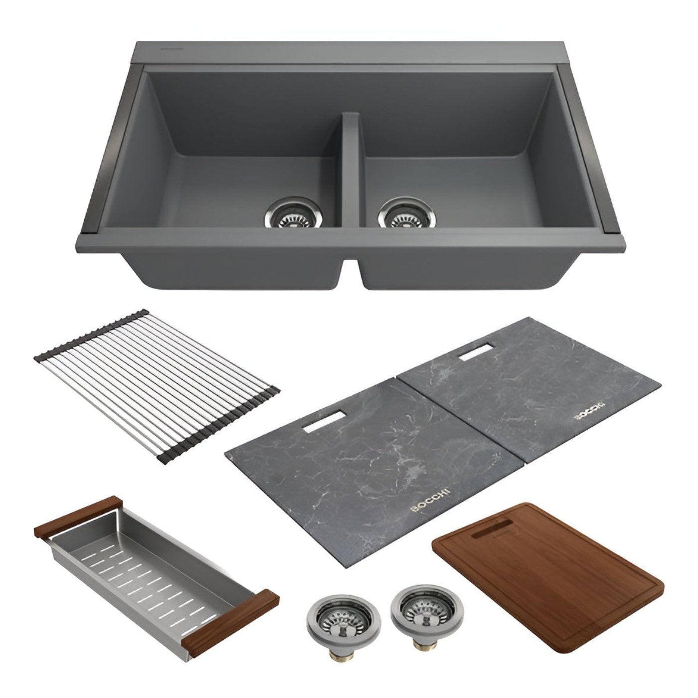 Bocchi 34" Undermount Double Bowl Composite Workstation Kitchen Sink with Covers in Concrete Gray - 1618-506-0126HP
