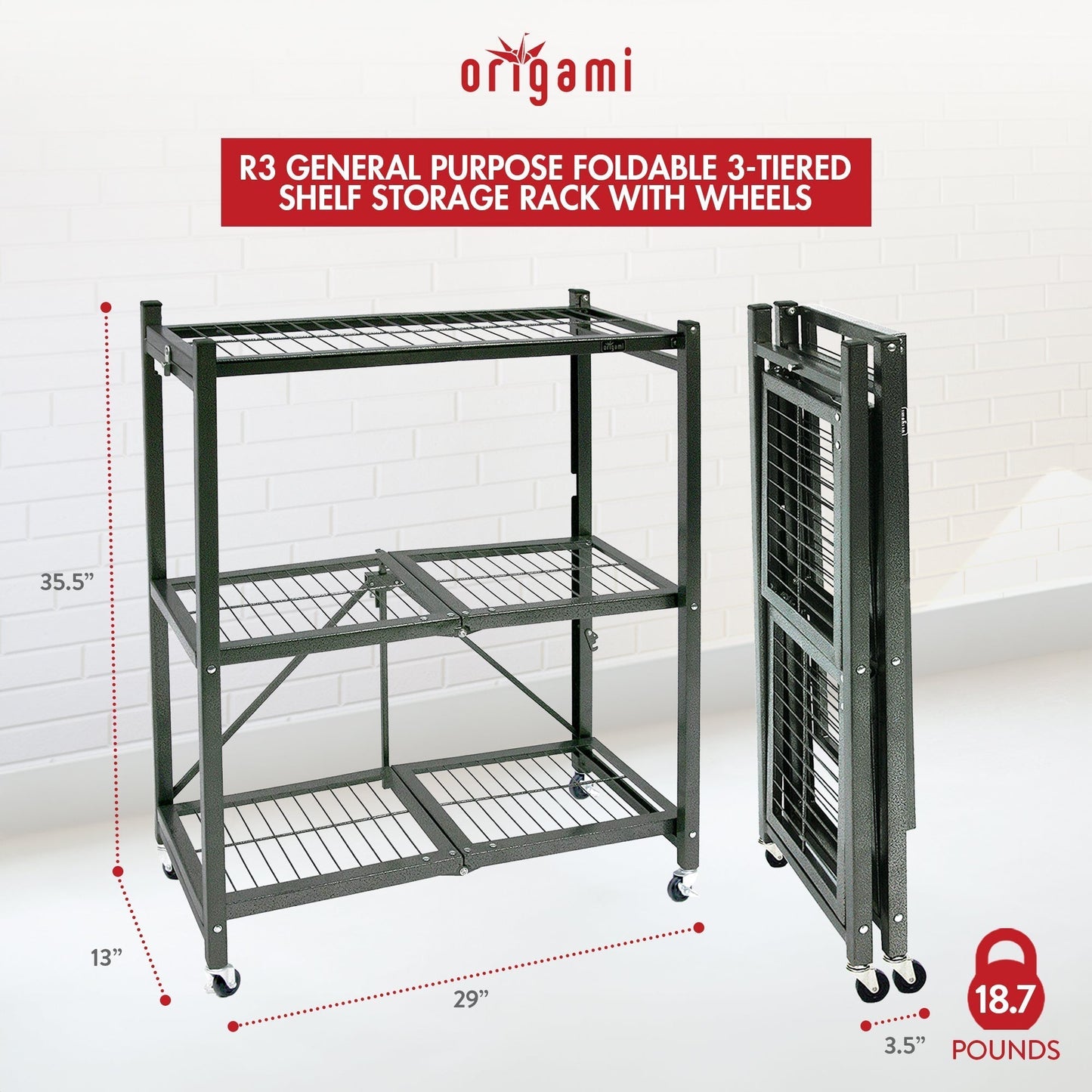 Origami R3 Foldable 3-Tiered Shelf Storage Rack & Wheels, Pewter (4 Pack) - 253008
