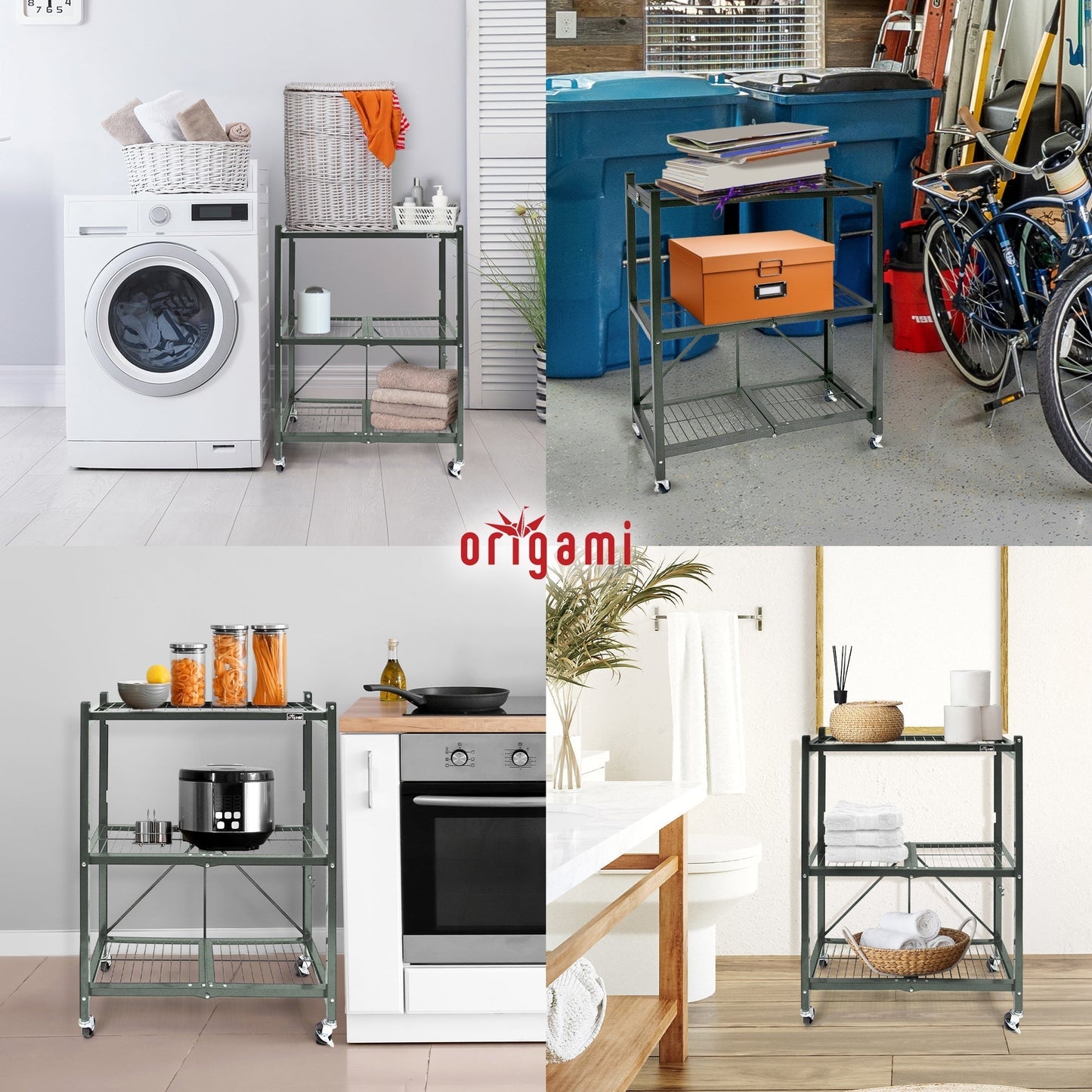 Origami R3 Foldable 3-Tiered Shelf Storage Rack & Wheels, Pewter (4 Pack) - 253008
