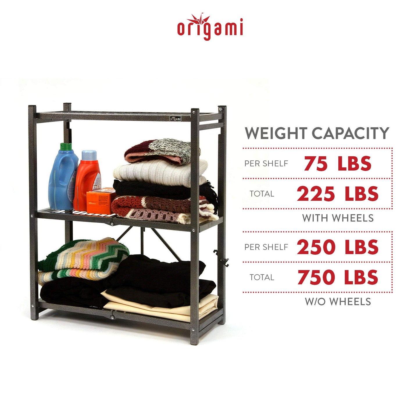 Origami R3 Foldable 3-Tiered Shelf Storage Rack & Wheels, Pewter (4 Pack) - 253008