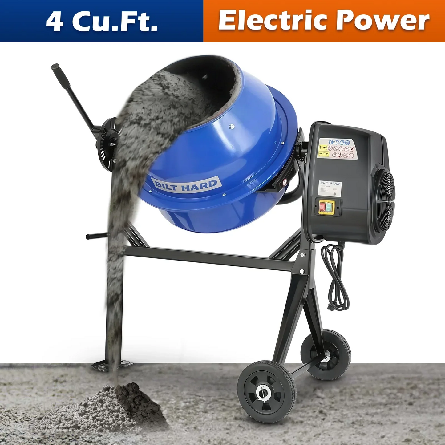BILT HARD Electric Cement Mixer, 4 Cubic Ft. Portable Concrete Mixer Machine, Wheelbarrow Cement Mixing Tools for Stucco - TCA-0051