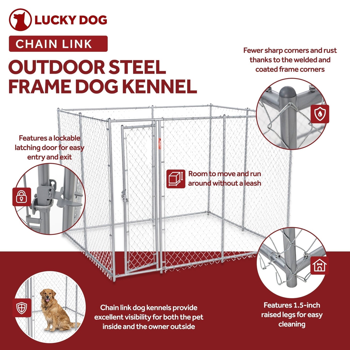Lucky Dog 10' x 10' Heavy Duty Outdoor Chain Link Dog Kennel w/ Door (3 Pack) - 174144