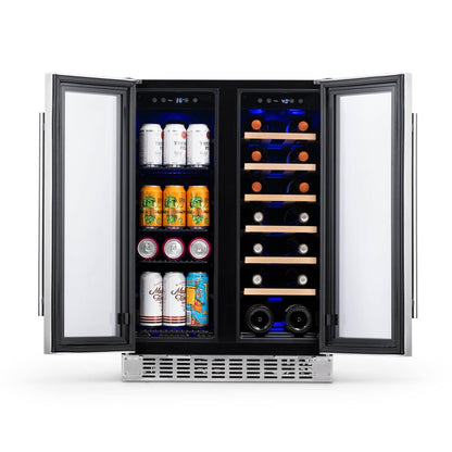 Newair - 24” 20-Bottle/60 Can Dual-Zone French Door Wine & Beverage Center NWB080SS00 w/ Beech Wood Shelves