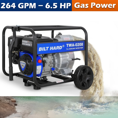 BILT HARD Trash Pump 3 inch, 264 GPM 6.5HP Gas Powered Full Trash Water Pump with Handle and Wheels, 50 ft Discharge Hose, 15 ft Suction Hose with Complete Fittings - TWA-0208+TWA-0204