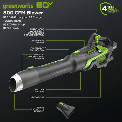 Greenworks 80V 800 CFM Brushless Leaf Blower w/ 2.5Ah Battery & Charger - 2436602