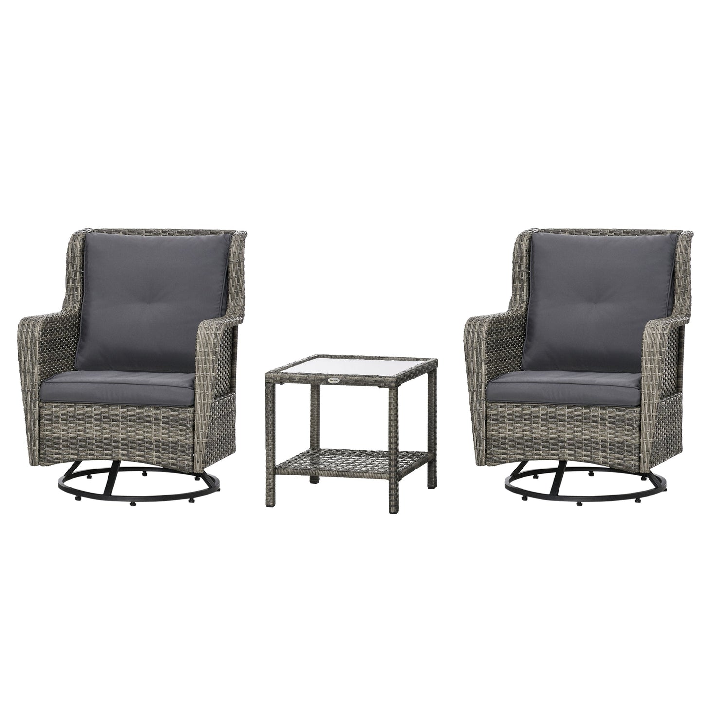 Outsunny 3 Pieces Patio Bistro Set with Glass Coffee Table and Swivel Porch Chairs, Gray - 863-113V00GG