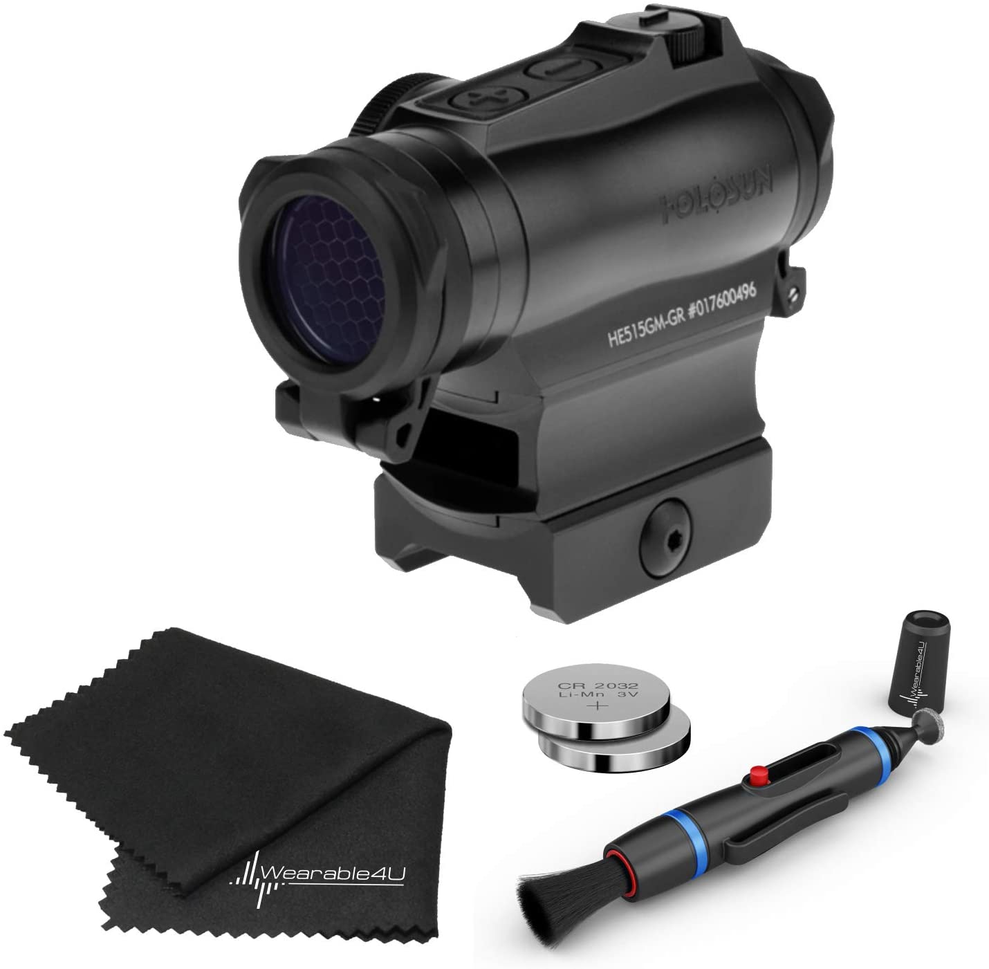 Holosun HE515GM-GR Elite Green LED Circle Dot/QD Mount Sight Lens Cleaning Pen, Extra Battery and Lens Cleaning Cloth Bundle - HE515GM-GR_Towel_W4U-LCP_2032