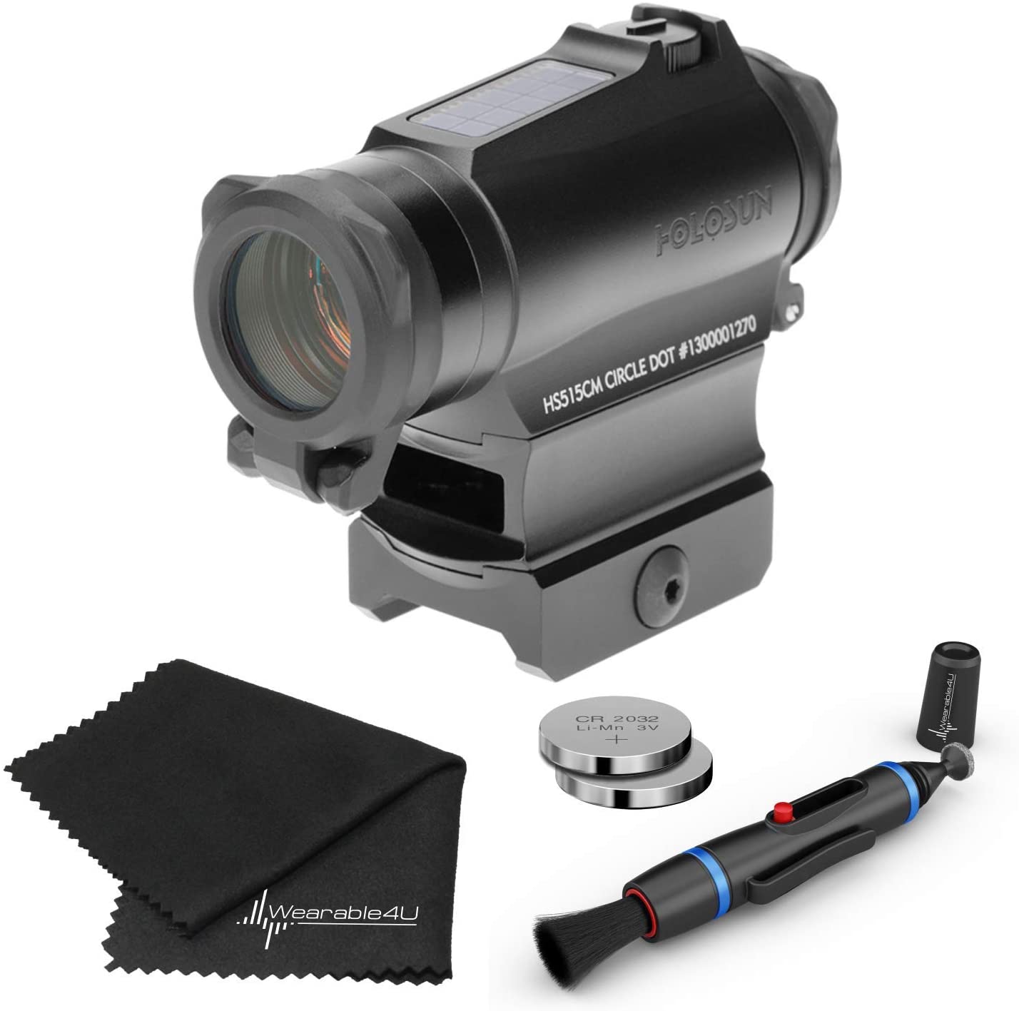 Holosun HS515CM Military Grade Micro Red Circle Dot Sight/Solar Panel/QD Mount Optics Lens Cleaning Pen, Extra Battery and Lens Cleaning Cloth Bundle - HS515CM_Towel_W4U-LCP_2032