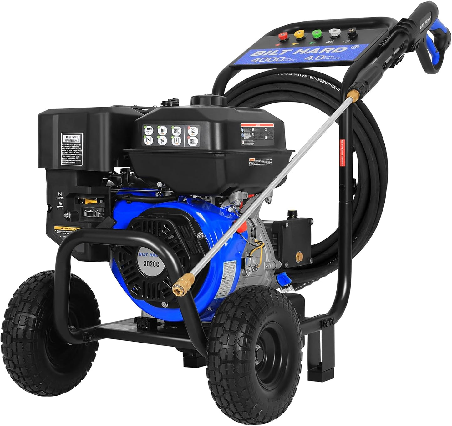 BILT HARD Commercial Pressure Washer, 4000 PSI 4.0 GPM Gas Power Washer Heavy Duty, 302cc Engine, Include Spray Gun and Wand, 5 QC Nozzle Tips, 50 Ft Hose with 3/8" Quick Connect - THA-0356