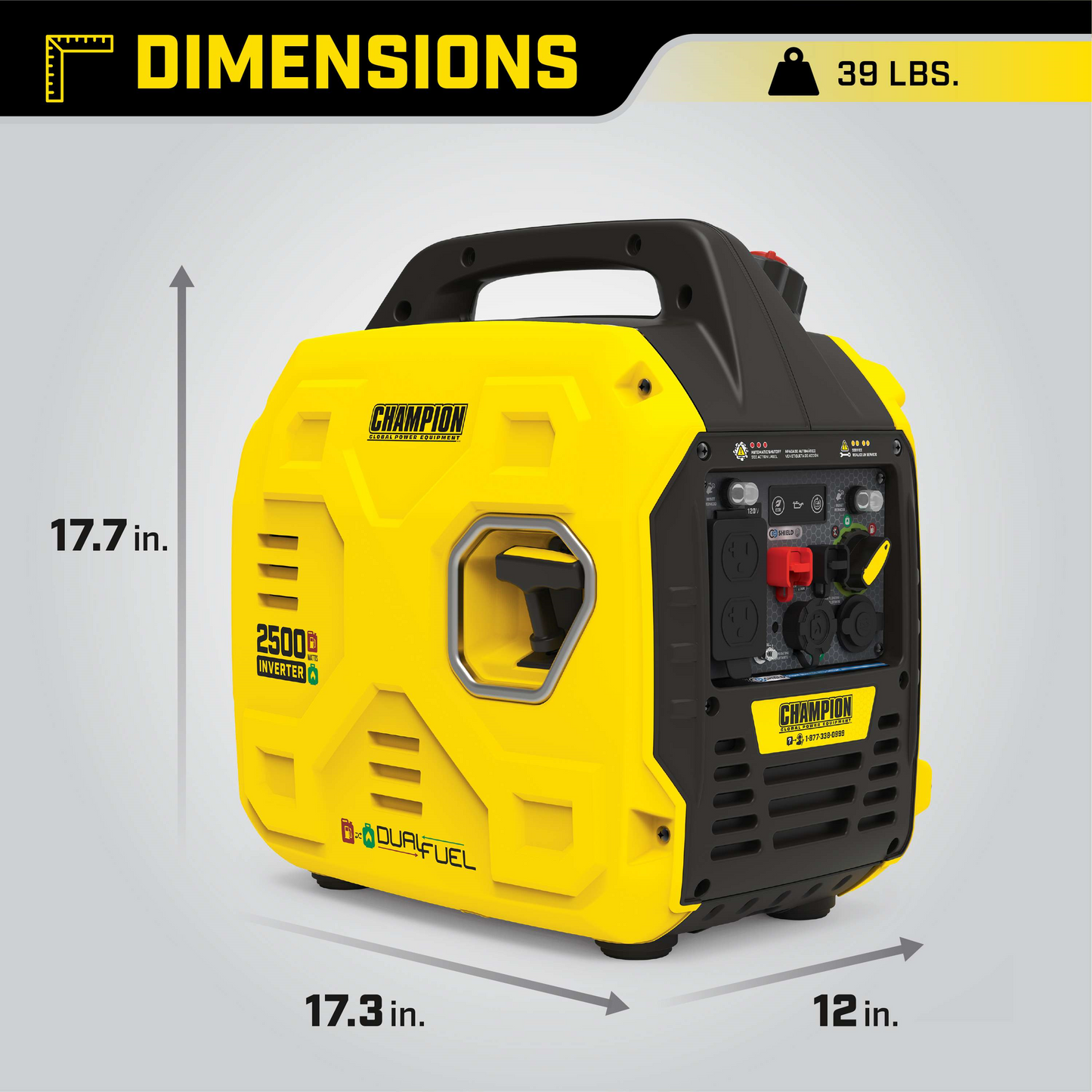 Champion 1850W/2500W Generator Dual Fuel Gas Propane Inverter Low THD CO Shield New - 201183