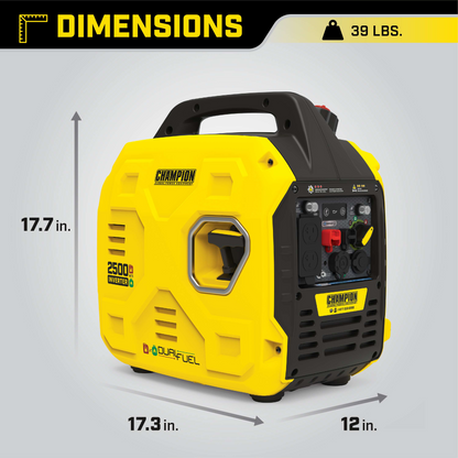 Champion 1850W/2500W Generator Dual Fuel Gas Propane Inverter Low THD CO Shield New - 201183