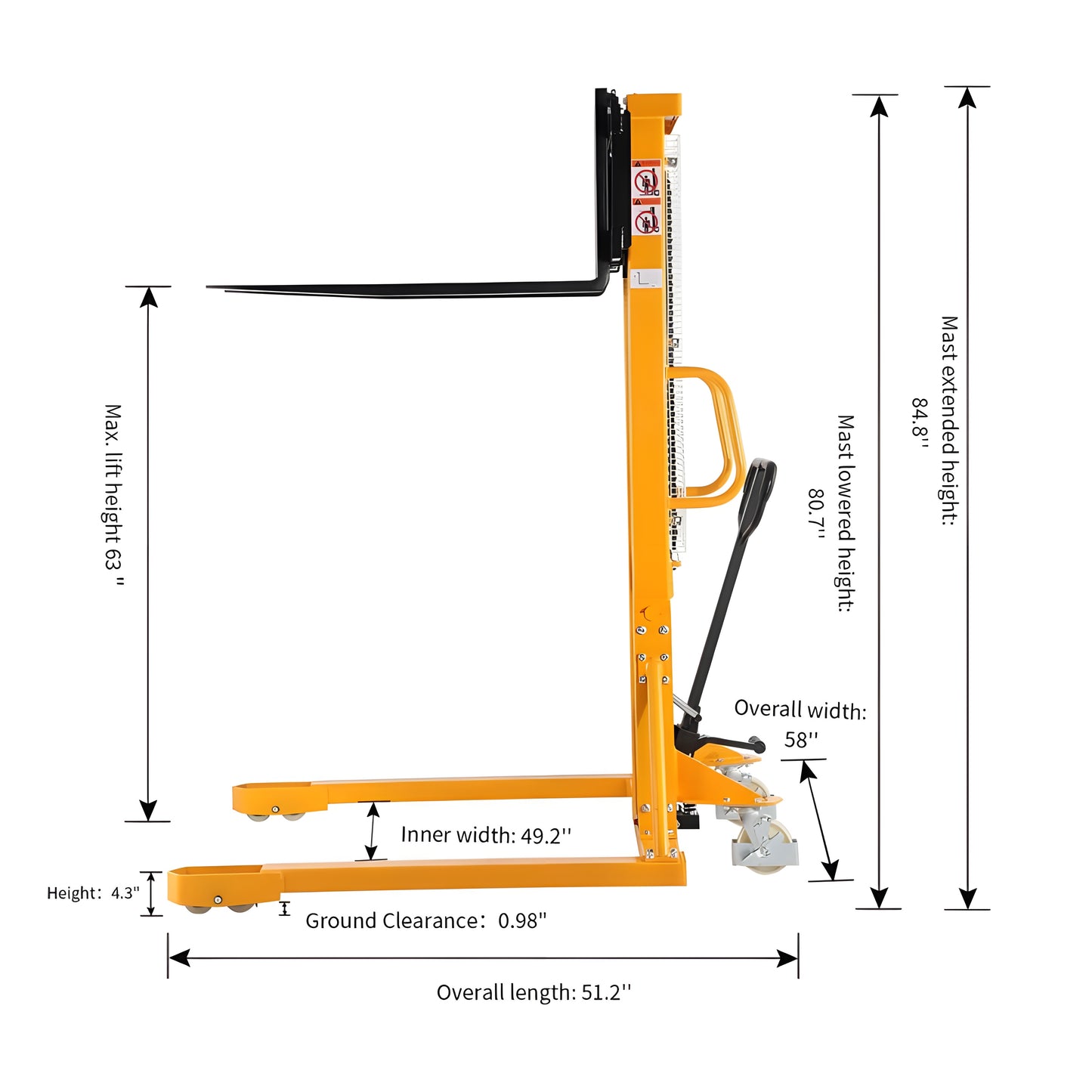 Apollolift Manual Hydraulic Stacker Pallet Stacker Adjustable Forks 2200lbs Cap. 63" Lift Height A-3003