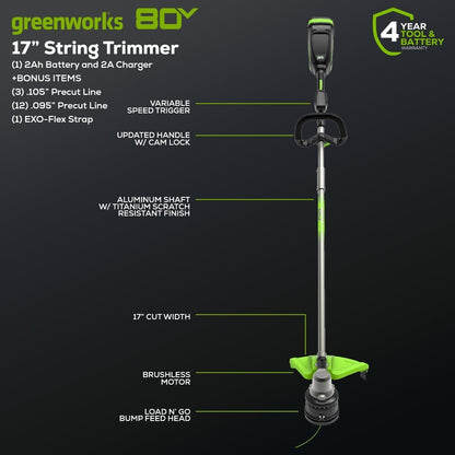 Greenworks 80V 17" Brushless String Trimmer Shoulder Strap, Precut  Line included w/ 2.0Ah Battery & Charger - 2136602