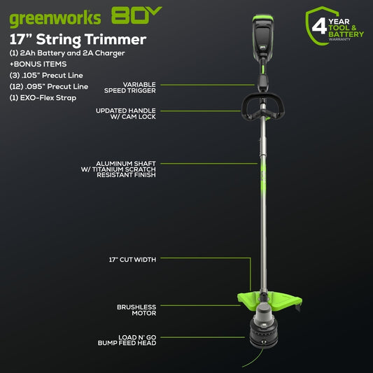 Greenworks 80V 17" Brushless String Trimmer Shoulder Strap, Precut  Line included w/ 2.0Ah Battery & Charger - 2136602