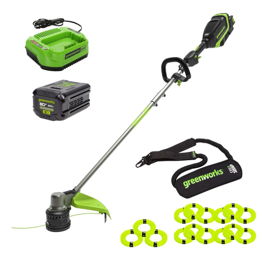Greenworks 80V 17" Brushless String Trimmer Shoulder Strap, Precut  Line included w/ 2.0Ah Battery & Charger - 2136602