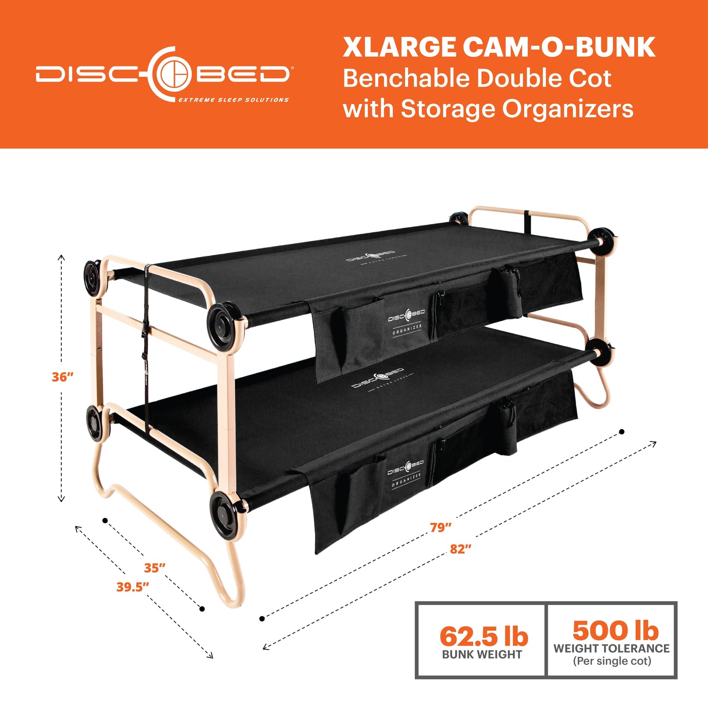 Disc-O-Bed XLarge Cam-O-Bunk Benchable Double Cot with Storage Organizers, Black - 231622