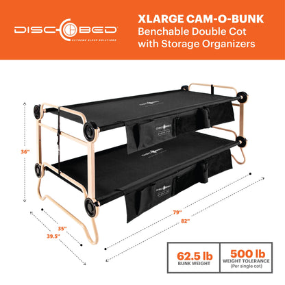 Disc-O-Bed XLarge Cam-O-Bunk Benchable Double Cot with Storage Organizers, Black - 231622