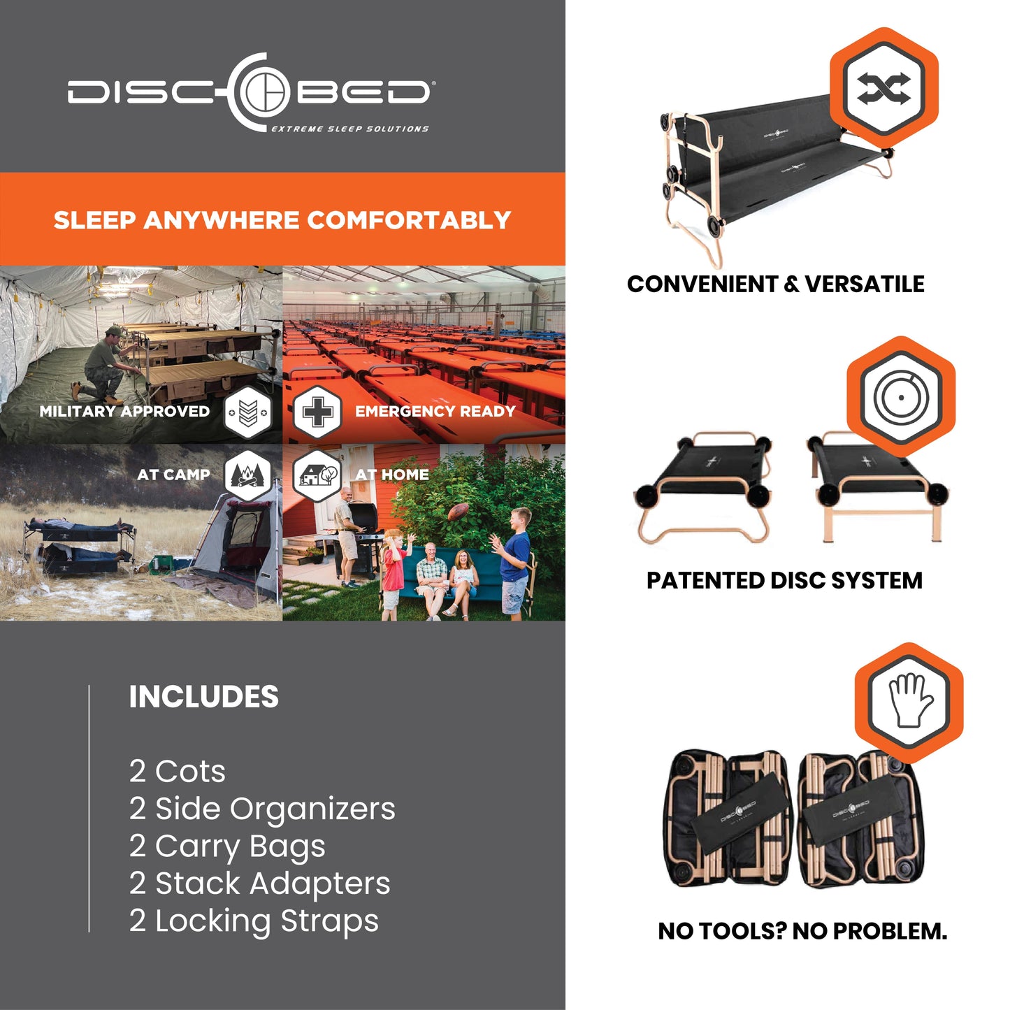 Disc-O-Bed XLarge Cam-O-Bunk Benchable Double Cot with Storage Organizers, Black - 231622