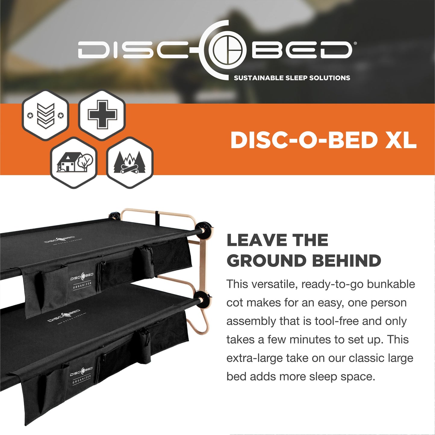 Disc-O-Bed XLarge Cam-O-Bunk Benchable Double Cot with Storage Organizers, Black - 231622