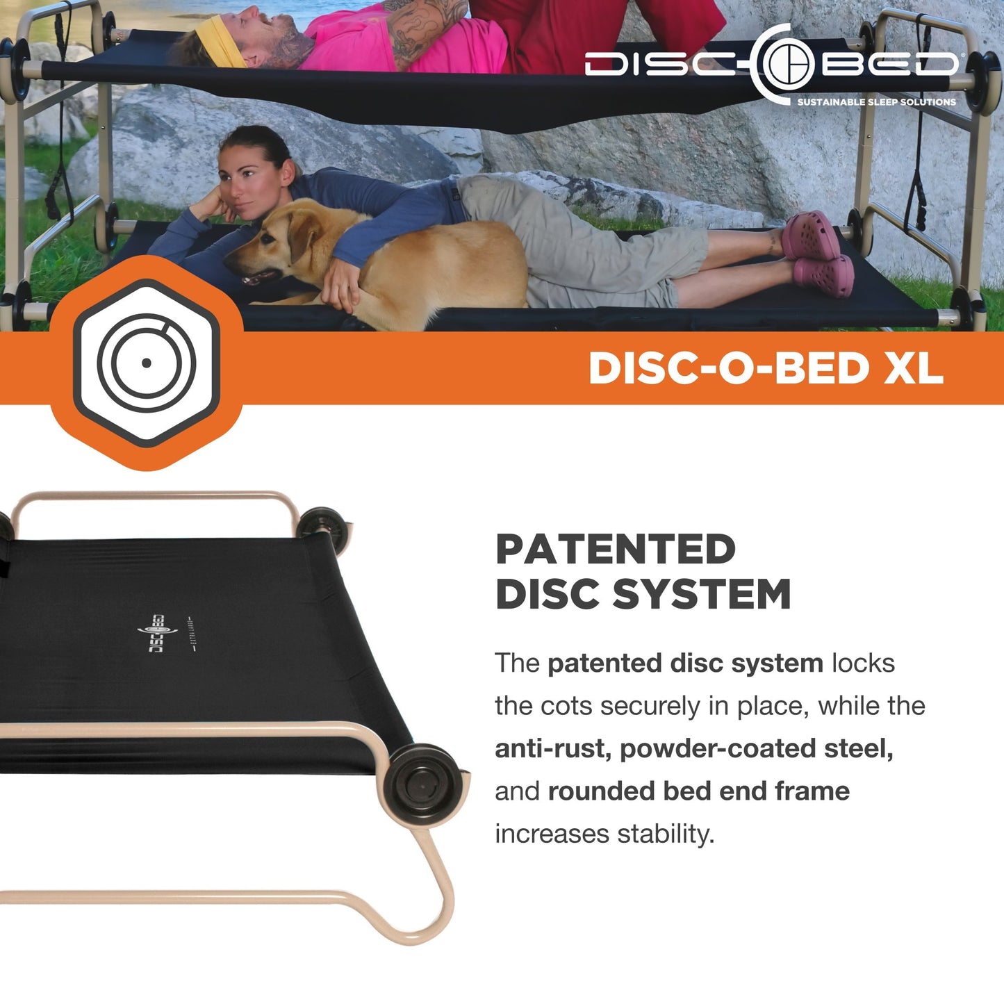 Disc-O-Bed XLarge Cam-O-Bunk Benchable Double Cot with Storage Organizers, Black - 231622