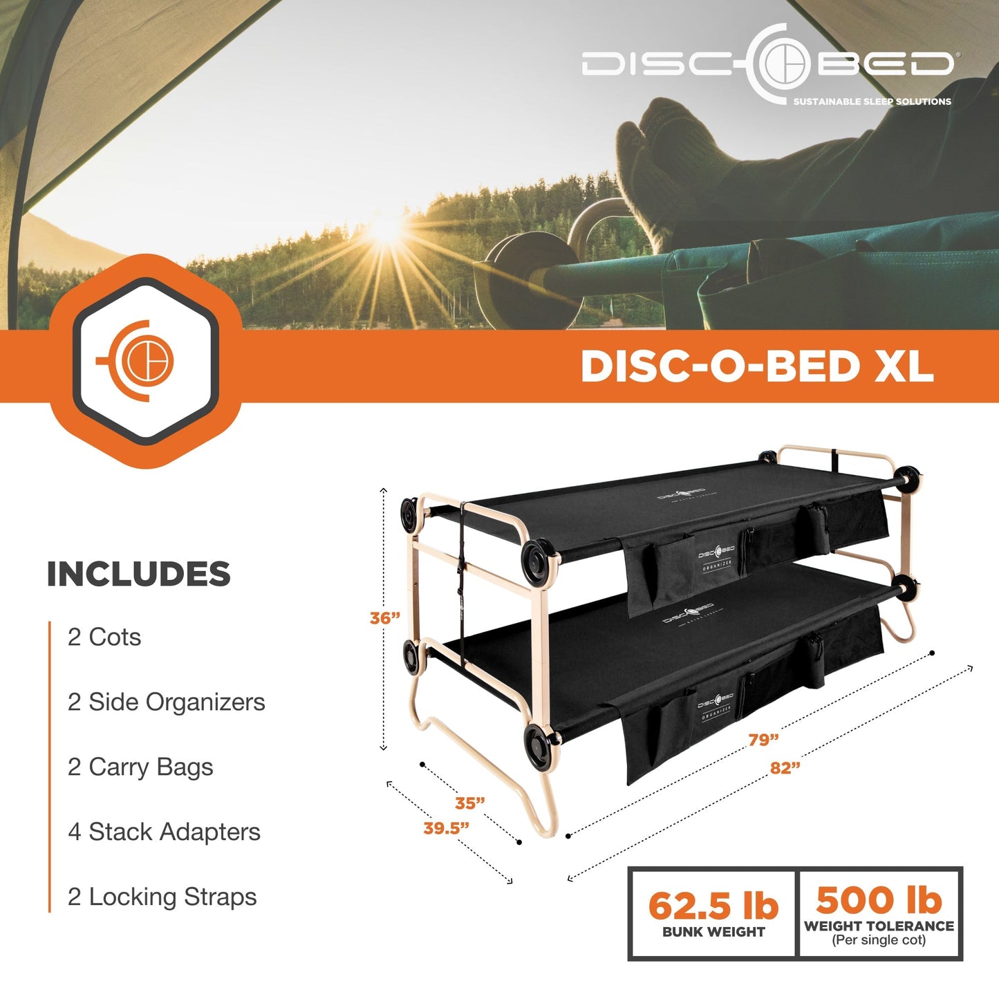 Disc-O-Bed XLarge Cam-O-Bunk Benchable Double Cot with Storage Organizers, Black - 231622