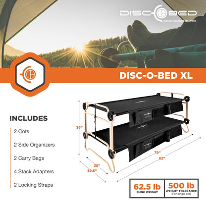 Disc-O-Bed XLarge Cam-O-Bunk Benchable Double Cot with Storage Organizers, Black - 231622