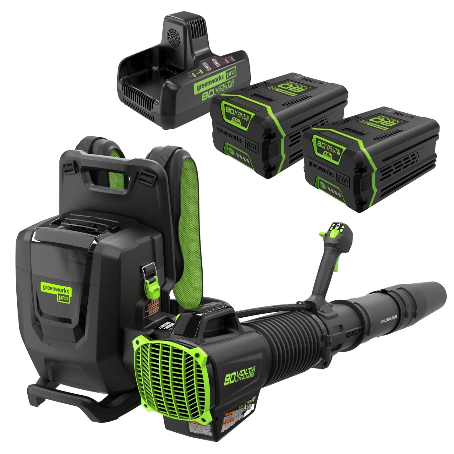 Greenworks 80V 690 CFM Cordless Battery Dual-Port Backpack Blower w/ Two (2) 4.0 Ah Batteries & Dual Port Rapid Charger - 2421402CO