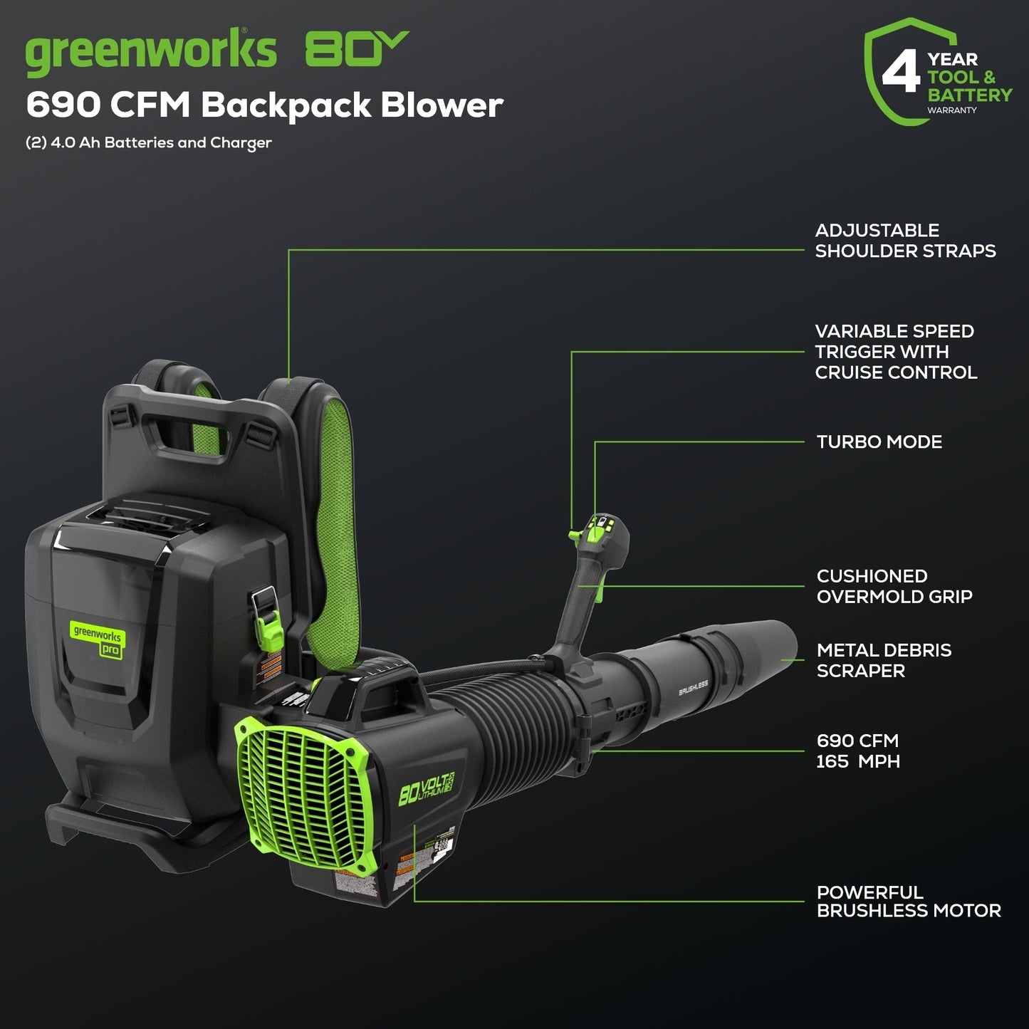 Greenworks 80V 690 CFM Cordless Battery Dual-Port Backpack Blower w/ Two (2) 4.0 Ah Batteries & Dual Port Rapid Charger - 2421402CO