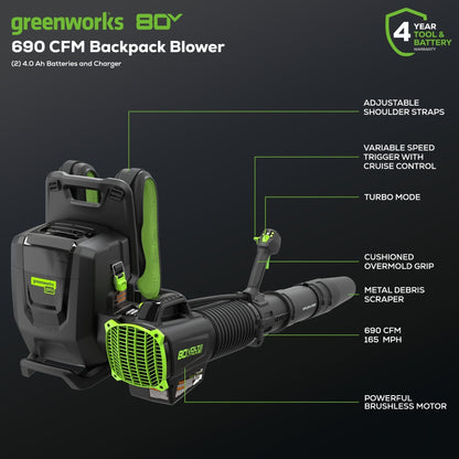 Greenworks 80V 690 CFM Cordless Battery Dual-Port Backpack Blower w/ Two (2) 4.0 Ah Batteries & Dual Port Rapid Charger - 2421402CO