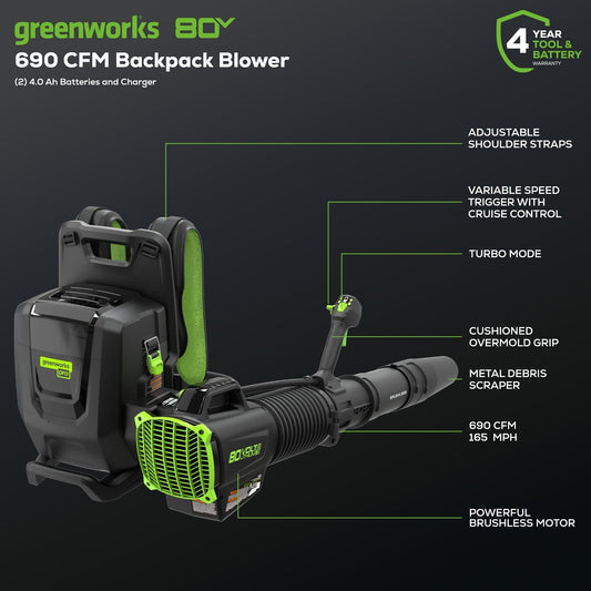 Greenworks 80V 690 CFM Cordless Battery Dual-Port Backpack Blower w/ Two (2) 4.0 Ah Batteries & Dual Port Rapid Charger - 2421402CO